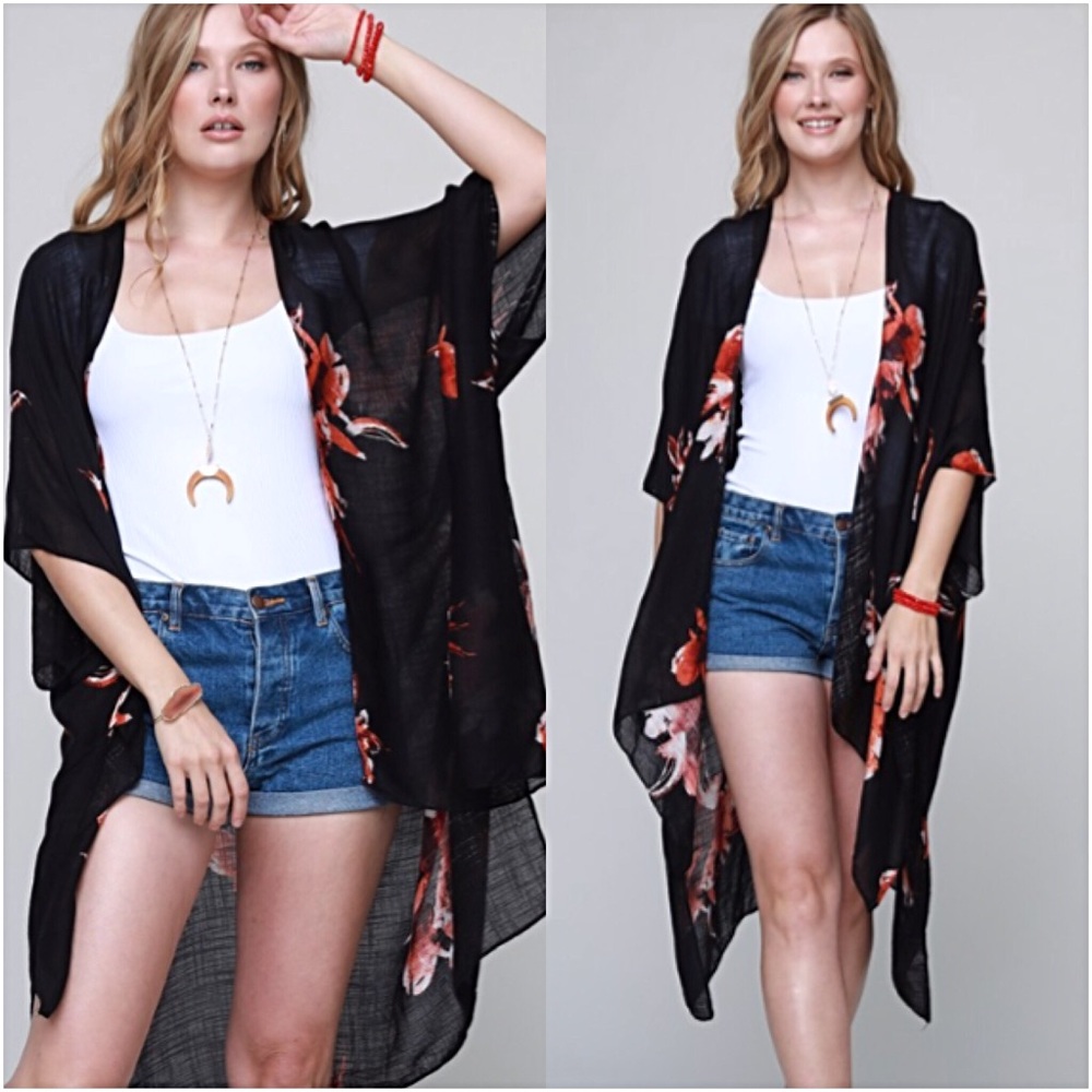 Boho Chic Black Floral Kimono With Armholes - Picture 3 of 8